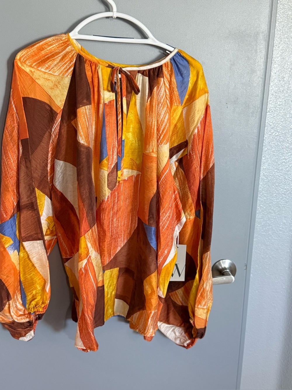 Worthington Women’s Multicolor Geometric Long SleevePeasant Blouse Orange/Brown